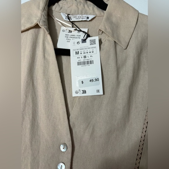 Zara Tan Tiered Midi Dress with Polo Collar. Neutral Color. Linen Viscose Blend. - Picture 5 of 12